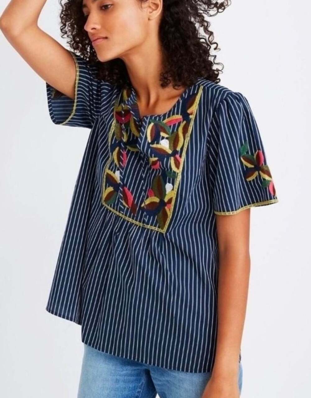 Madewell Embroidered Fable Top Size S Navy Blue Stripe Peasant Blouse